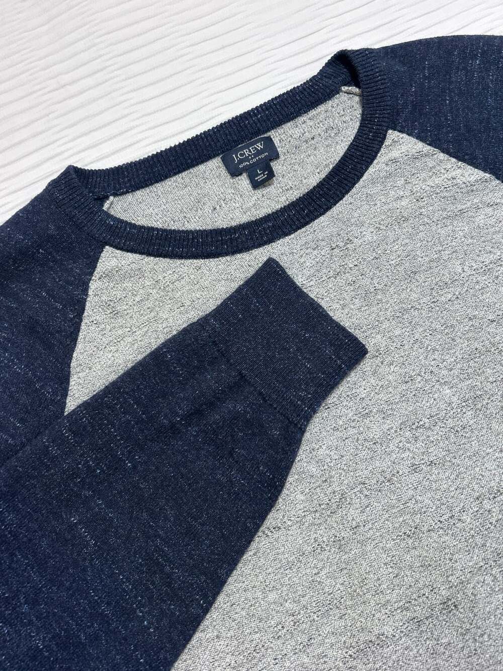 J.Crew Raglan Sweater Size L Gray Navy Blue 100% Cotton Crew Neck